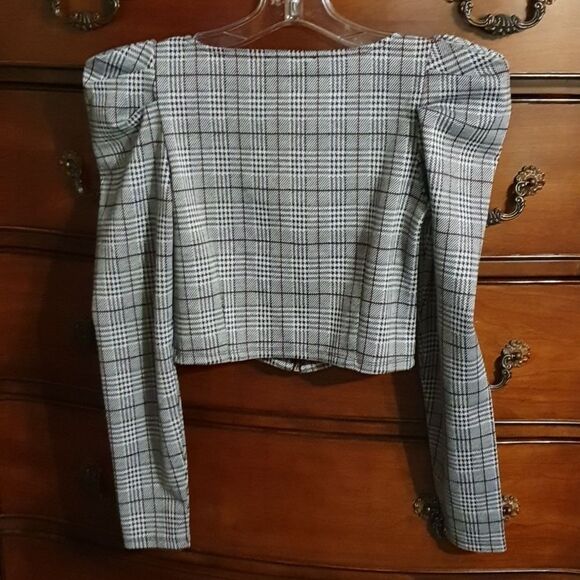 Forever 21 Glen Plaid Puff Sleeve Crop Top sz Small - Picture 5 of 5